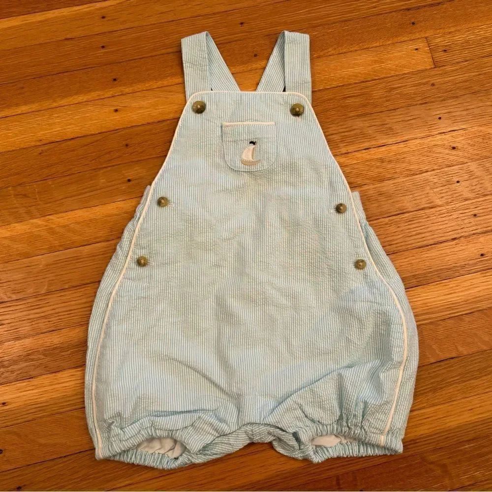 Janie and Jack Blue/White Stripe Embroidered Sailboat Overall Shorts NWT